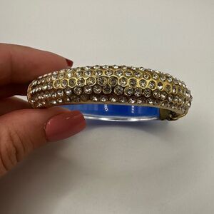Kara Ross dual sided gold tone rhinestone, blue resin clamper bracelet!